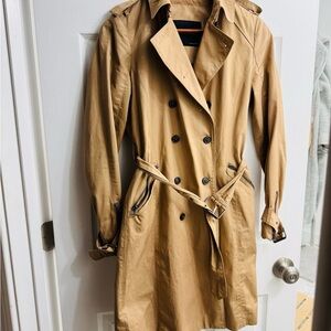 Tan Trench Coat with Wide Lapel Collar and Matching Belt